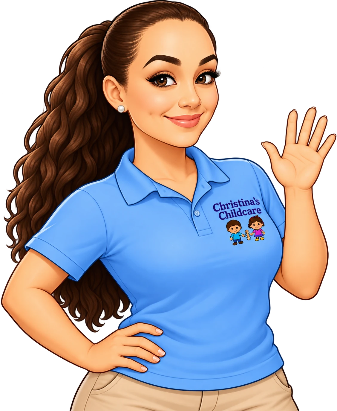 Illustration of Christina waving, in her Christina's Childcare polo